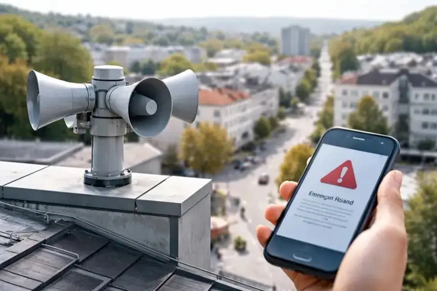 Sirene auf Hausdach und Smartphone mit Warnmeldung während Probealarm beim bundesweiten Warntag in Deutschland