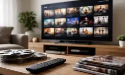 Fernseher mit Video-Streaming Oberfläche im Wohnzimmer, Fernbedienung und Filmrollen als Symbol für Medienbranche, Streaming und YouTube Wachstum