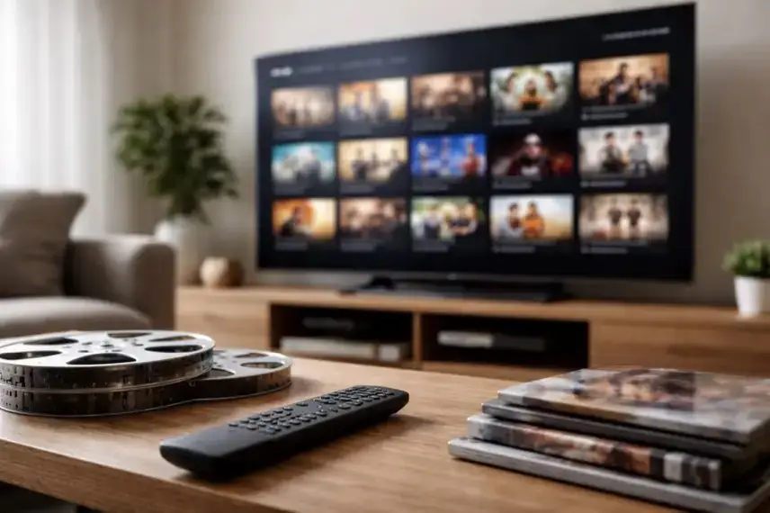 Fernseher mit Video-Streaming Oberfläche im Wohnzimmer, Fernbedienung und Filmrollen als Symbol für Medienbranche, Streaming und YouTube Wachstum