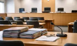 Gerichtssaal mit Richterbank, Aktenordnern und Verhandlungstisch bei einem Strafprozess vor einem deutschen Landgericht