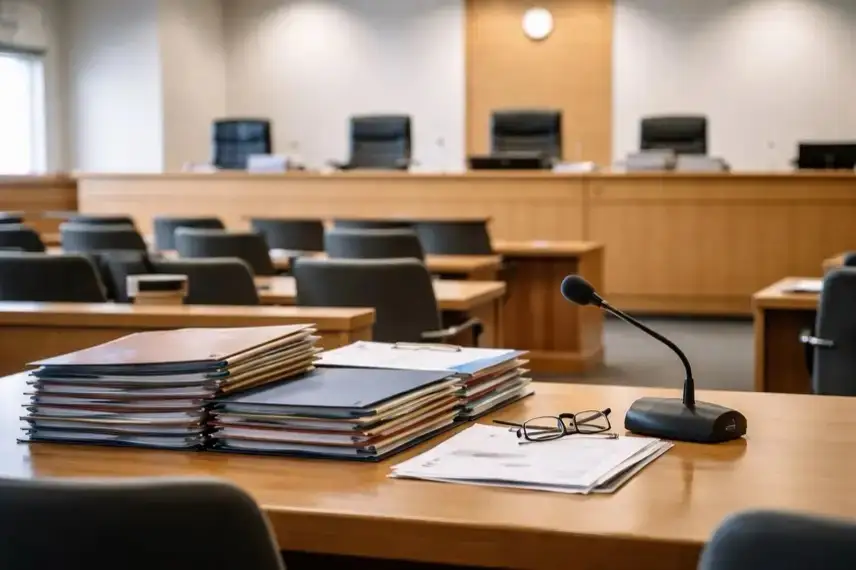 Gerichtssaal mit Richterbank, Aktenordnern und Verhandlungstisch bei einem Strafprozess vor einem deutschen Landgericht