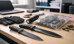 Sichergestellte Gegenstände auf Tisch bei Polizeidurchsuchung mit Beweisbeuteln und Metallwaffen im Ermittlungsverfahren gegen rechtsextreme Gruppe Karlsruhe