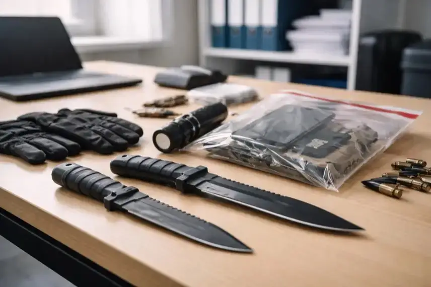 Sichergestellte Gegenstände auf Tisch bei Polizeidurchsuchung mit Beweisbeuteln und Metallwaffen im Ermittlungsverfahren gegen rechtsextreme Gruppe Karlsruhe