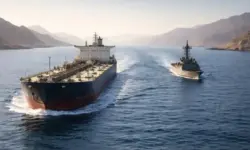 Kriegsschiff begleitet Tanker in enger Meerenge im Persischen Golf, Eskorte in der Straße von Hormus, militärischer Schutz für Handelsschiffe