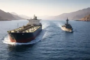 Kriegsschiff begleitet Tanker in enger Meerenge im Persischen Golf, Eskorte in der Straße von Hormus, militärischer Schutz für Handelsschiffe