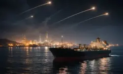 Öltanker vor Küstenanlage im Persischen Golf bei Nacht, Lichtspuren von Raketen am Himmel über Hafen und Energieinfrastruktur