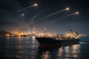 Öltanker vor Küstenanlage im Persischen Golf bei Nacht, Lichtspuren von Raketen am Himmel über Hafen und Energieinfrastruktur