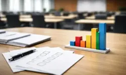 Stimmzettel und anonymes Balkendiagramm auf einem Tisch als Darstellung einer politischen Umfrage in Deutschland mit veränderten Parteiwerten