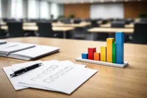 Stimmzettel und anonymes Balkendiagramm auf einem Tisch als Darstellung einer politischen Umfrage in Deutschland mit veränderten Parteiwerten