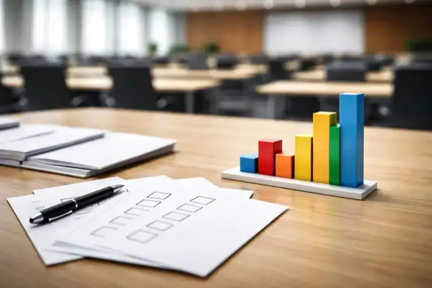 Stimmzettel und anonymes Balkendiagramm auf einem Tisch als Darstellung einer politischen Umfrage in Deutschland mit veränderten Parteiwerten