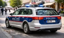 Polizeiauto mit Blaulicht und Absperrband in einer Innenstadt bei einem Einsatz nach Messerangriff in Linz