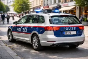 Polizeiauto mit Blaulicht und Absperrband in einer Innenstadt bei einem Einsatz nach Messerangriff in Linz