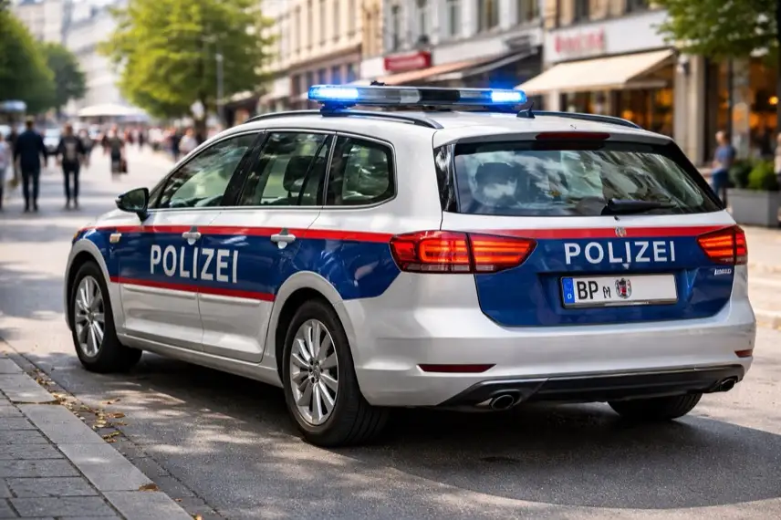 Polizeiauto mit Blaulicht und Absperrband in einer Innenstadt bei einem Einsatz nach Messerangriff in Linz