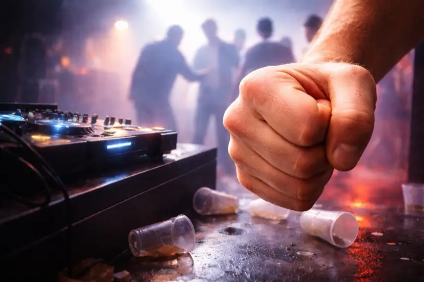 DJ-Pult in einem dunklen Veranstaltungsraum nach einer Party, umgestoßene Becher auf dem Boden, unscharfe Personen im Hintergrund, Symbol für Körperverletzung bei Feier