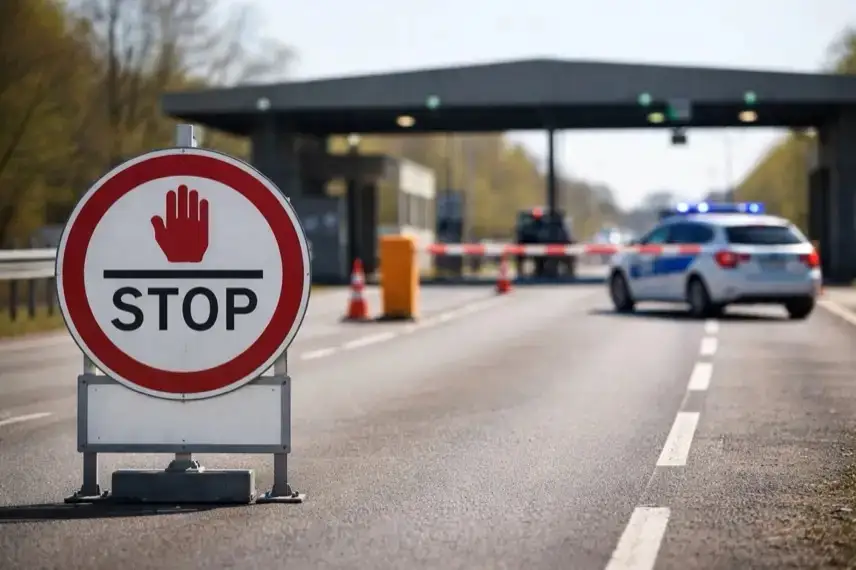 Grenzübergang mit Schranke und Kontrollschild auf leerer Straße, Symbol für Einreiseverbot, Grenzkontrolle und verschärfte Migrationspolitik in Deutschland