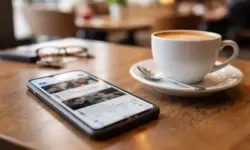 Kaffeetasse auf Tisch neben Smartphone mit Social-Media-Feed, Symbol für Gerüchte über Benjamin Netanjahu und Desinformation im Internet