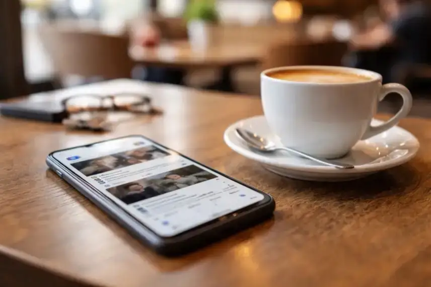 Kaffeetasse auf Tisch neben Smartphone mit Social-Media-Feed, Symbol für Gerüchte über Benjamin Netanjahu und Desinformation im Internet