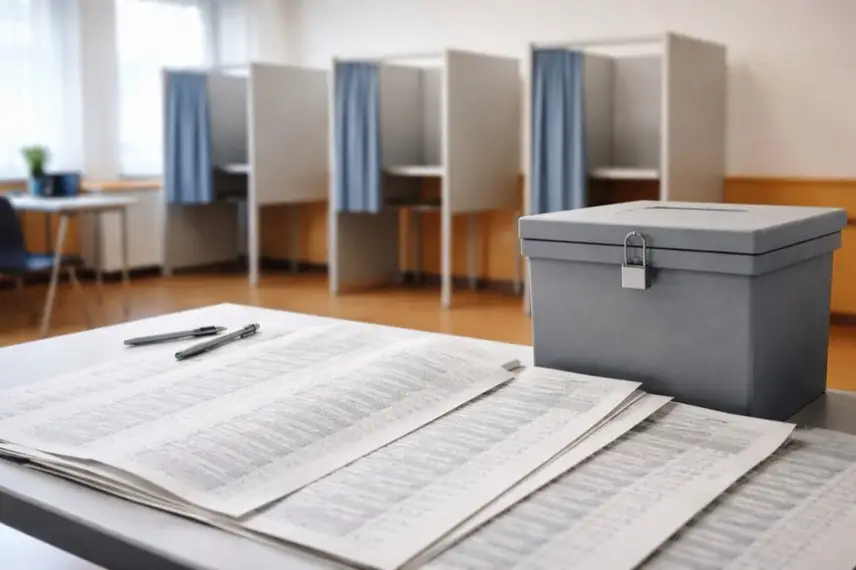 Wahlurne, Wahlkabinen und große Stimmzettel bei der Kommunalwahl Hessen 2026 in einem Wahllokal