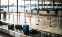 Leeres Flughafenterminal mit Flugzeugen und Gepäckband am Flughafen Berlin Brandenburg während Warnstreik am BER