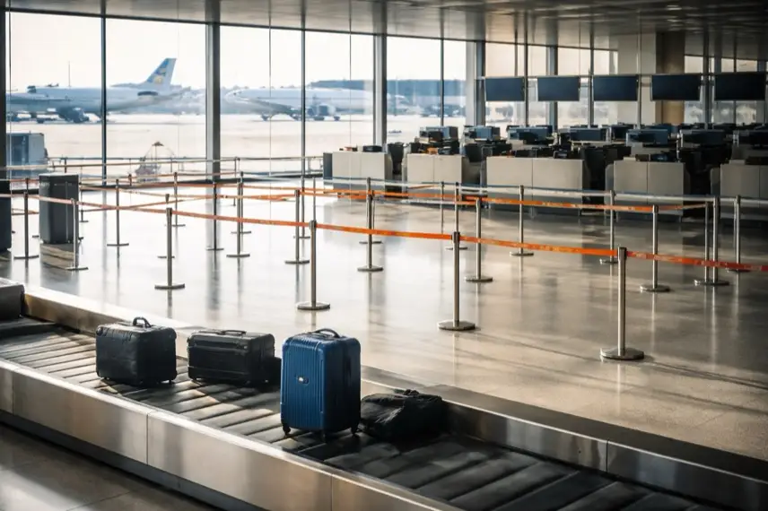 Leeres Flughafenterminal mit Flugzeugen und Gepäckband am Flughafen Berlin Brandenburg während Warnstreik am BER