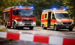 Feuerwehrfahrzeug und Krankenwagen mit Blaulicht bei Einsatz auf Straße, Rettungsdienst und Feuerwehr im Notfalleinsatz