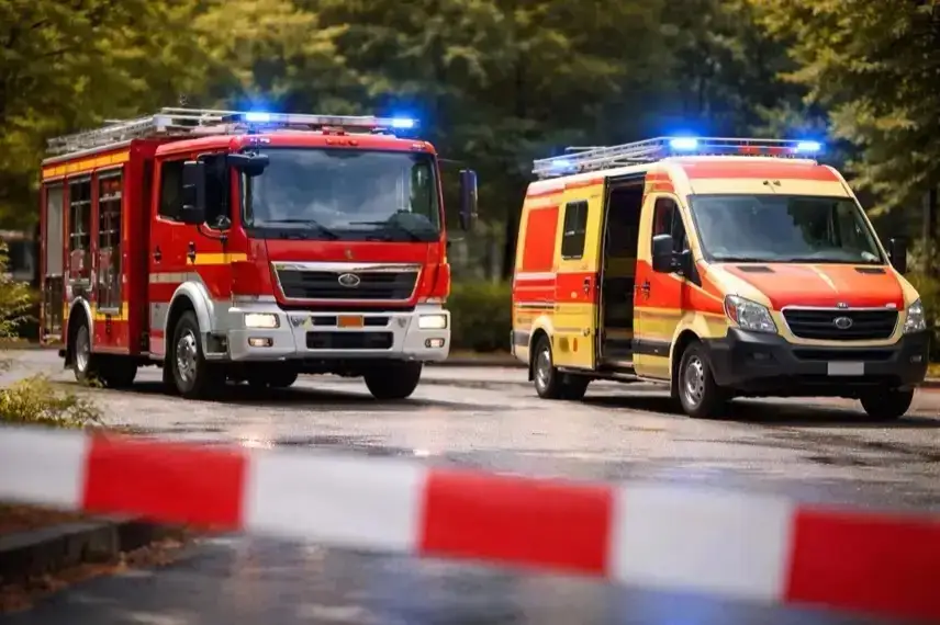 Feuerwehrfahrzeug und Krankenwagen mit Blaulicht bei Einsatz auf Straße, Rettungsdienst und Feuerwehr im Notfalleinsatz