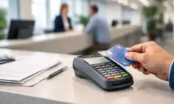 Hand mit Bankkarte am Kartenlesegerät in moderner Bankfiliale, Symbol für Konto, Bankgeschäfte und mögliche Commerzbank Übernahme durch UniCredit