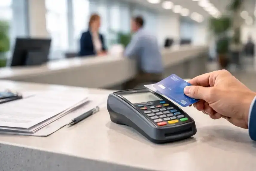 Hand mit Bankkarte am Kartenlesegerät in moderner Bankfiliale, Symbol für Konto, Bankgeschäfte und mögliche Commerzbank Übernahme durch UniCredit