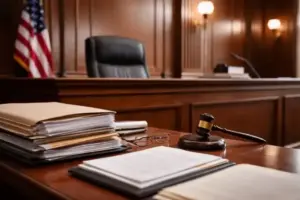 Gerichtssaal mit Richterbank und Akten als Symbol für Gerichtsurteil zur Impfpolitik in den USA und Entscheidung über Impfempfehlungen