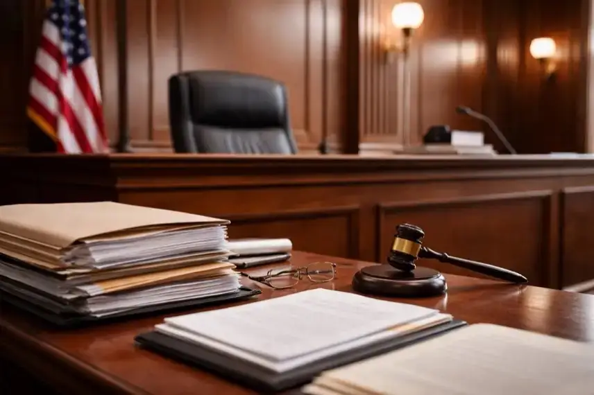 Gerichtssaal mit Richterbank und Akten als Symbol für Gerichtsurteil zur Impfpolitik in den USA und Entscheidung über Impfempfehlungen