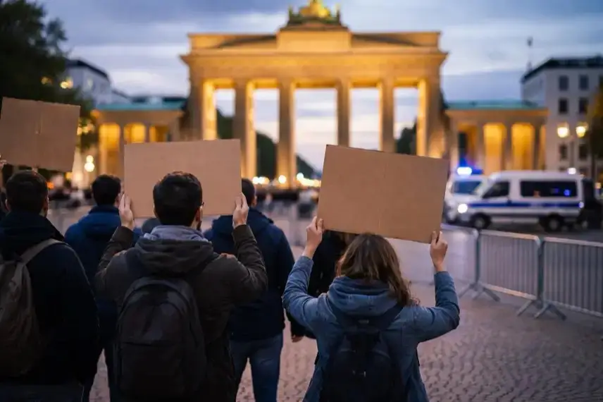 Demonstration in Berlin vor Wahrzeichen mit Menschen und Plakaten bei Protest gegen Krieg im Nahen Osten