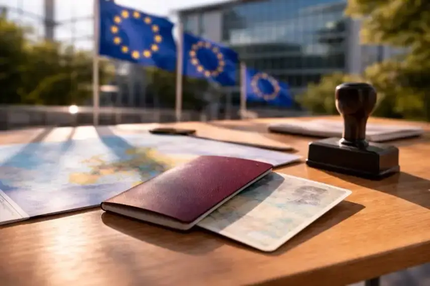 Symbolbild: Ausweisdokumente vor einem europäischen Behördengebäude stehen für das EuGH-Urteil zu trans Personen, Ausweisen und dem Recht auf Freizügigkeit in der EU.