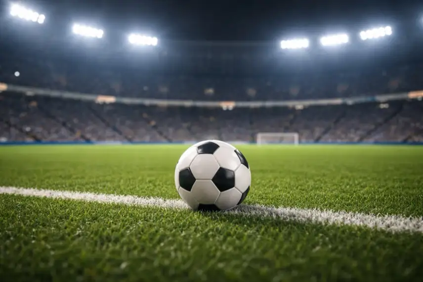 Fußball liegt auf Rasen im Stadion bei Flutlicht, leere Tribünen im Hintergrund, Symbol für Finale beim Afrika-Cup und nachträgliche Titelentscheidung