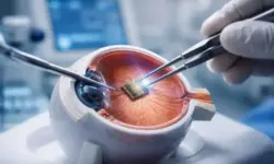 Medizinisches Augenmodell mit retinalem Implantat bei Operation im Labor, Darstellung einer Netzhautprothese zur Behandlung von Makuladegeneration