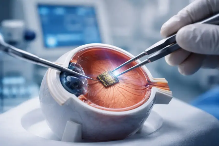 Medizinisches Augenmodell mit retinalem Implantat bei Operation im Labor, Darstellung einer Netzhautprothese zur Behandlung von Makuladegeneration