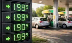 Tankstelle mit Zapfsäulen und Preisanzeige, Autos warten beim Tanken, Symbol für sinkende Spritpreise und Steuerentlastung bei Kraftstoff