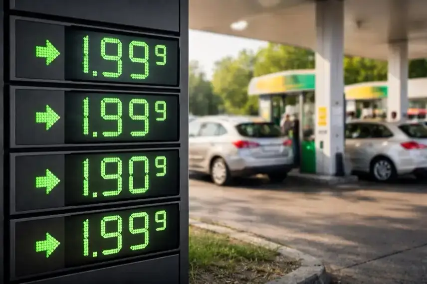 Tankstelle mit Zapfsäulen und Preisanzeige, Autos warten beim Tanken, Symbol für sinkende Spritpreise und Steuerentlastung bei Kraftstoff
