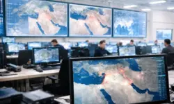 Militärische Kommandozentrale mit Kartenprojektion Naher Osten während Militäreinsatz gegen Iran