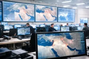 Militärische Kommandozentrale mit Kartenprojektion Naher Osten während Militäreinsatz gegen Iran