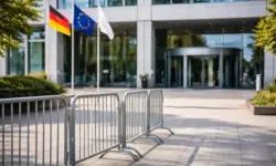 Eingang eines Verwaltungsgebäudes in Deutschland, Symbol für Asylsystem, Asylzahlen und Debatte um Flüchtlingswelle