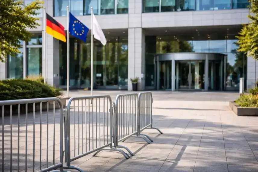 Eingang eines Verwaltungsgebäudes in Deutschland, Symbol für Asylsystem, Asylzahlen und Debatte um Flüchtlingswelle