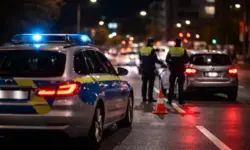 Nächtliche Verkehrskontrolle in einer Stadt mit Polizeiauto und angehaltenem Fahrzeug, Blaulicht, Straßenkreuzung, Kontrolle im Straßenverkehr Stuttgart