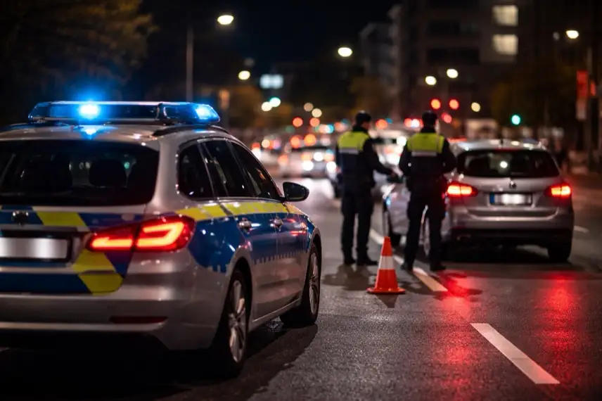 Nächtliche Verkehrskontrolle in einer Stadt mit Polizeiauto und angehaltenem Fahrzeug, Blaulicht, Straßenkreuzung, Kontrolle im Straßenverkehr Stuttgart