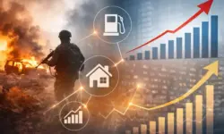 Fotorealistische Collage mit Kriegssilhouette, steigender Zinskurve und Finanzsymbolen als Darstellung von Inflation, Kapitalmarkt und steigenden Bauzinsen.