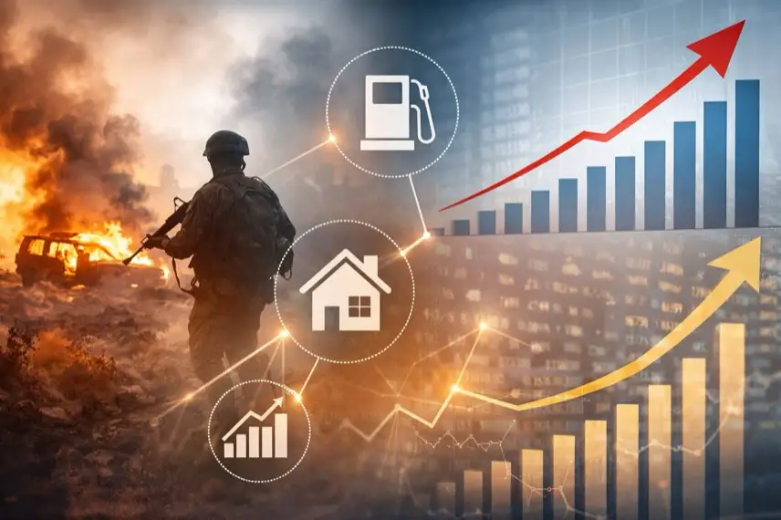 Fotorealistische Collage mit Kriegssilhouette, steigender Zinskurve und Finanzsymbolen als Darstellung von Inflation, Kapitalmarkt und steigenden Bauzinsen.