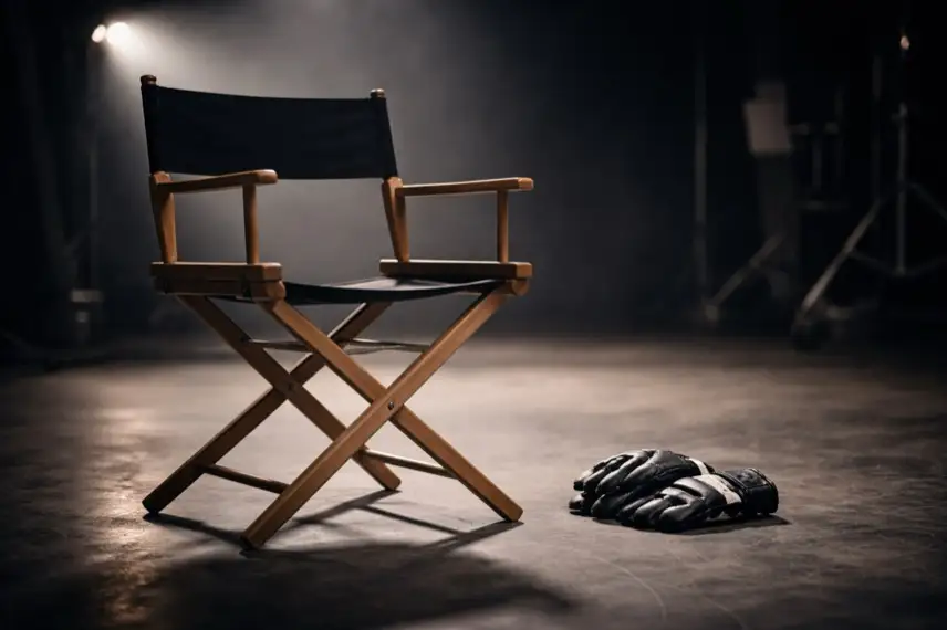 Leerer Filmset-Stuhl vor dunklem Hintergrund mit Kampfsporthandschuhen auf dem Boden, Symbol für Schauspieler und Kampfsportler Chuck Norris