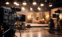 Leeres Fernsehstudio mit Kamera und Scheinwerfern, Symbol für Serienproduktion und TV-Schauspieler, passend zu Nicholas Brendon Buffy Schauspieler Tod