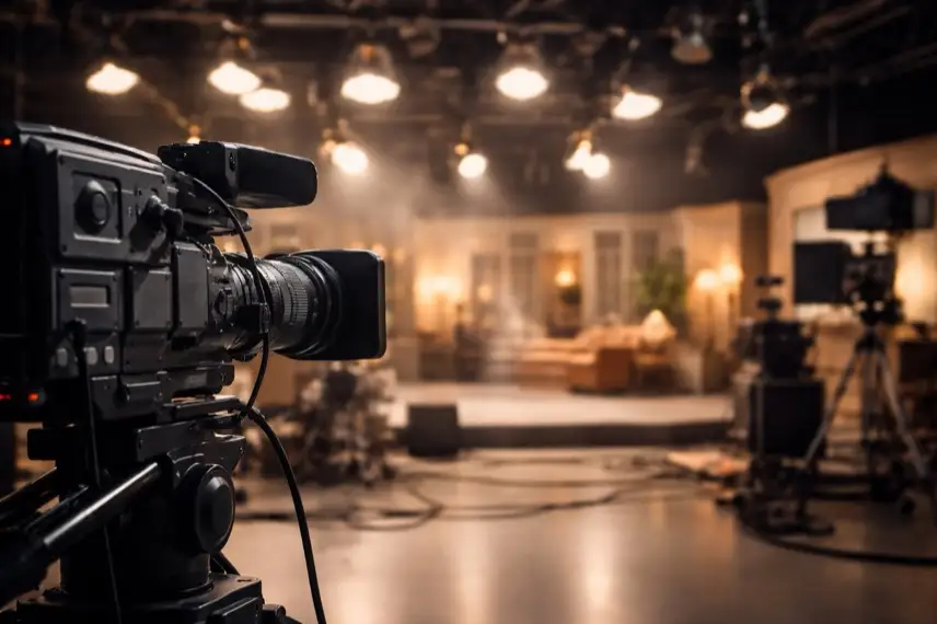 Leeres Fernsehstudio mit Kamera und Scheinwerfern, Symbol für Serienproduktion und TV-Schauspieler, passend zu Nicholas Brendon Buffy Schauspieler Tod