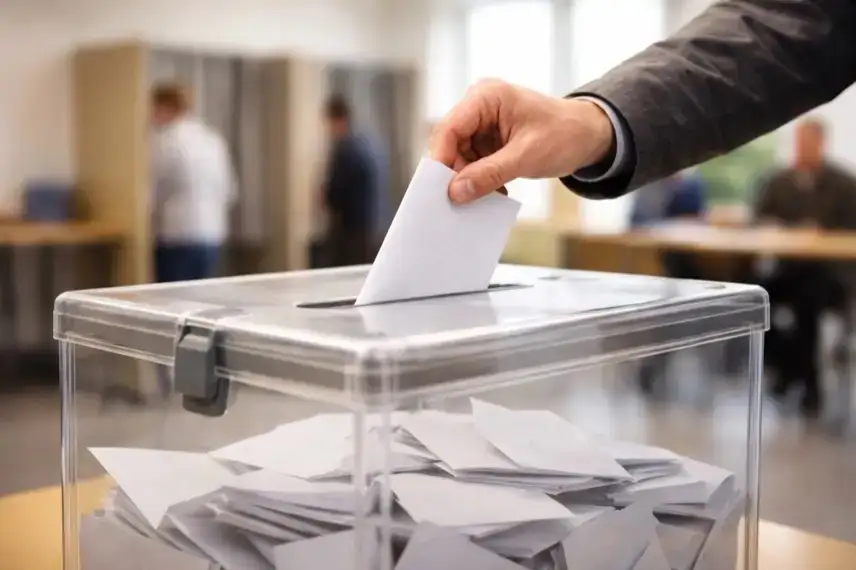 Stimmzettel wird in Wahlurne eingeworfen in einem Wahllokal bei einer Landtagswahl in Deutschland mit Wahlkabinen im Hintergrund