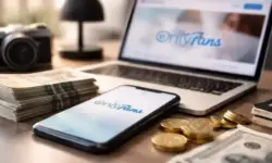 Laptop und Smartphone auf Schreibtisch mit Geldscheinen und Münzen als Symbol für digitale Plattform, Creator-Economy und Online-Abonnement-Geschäft